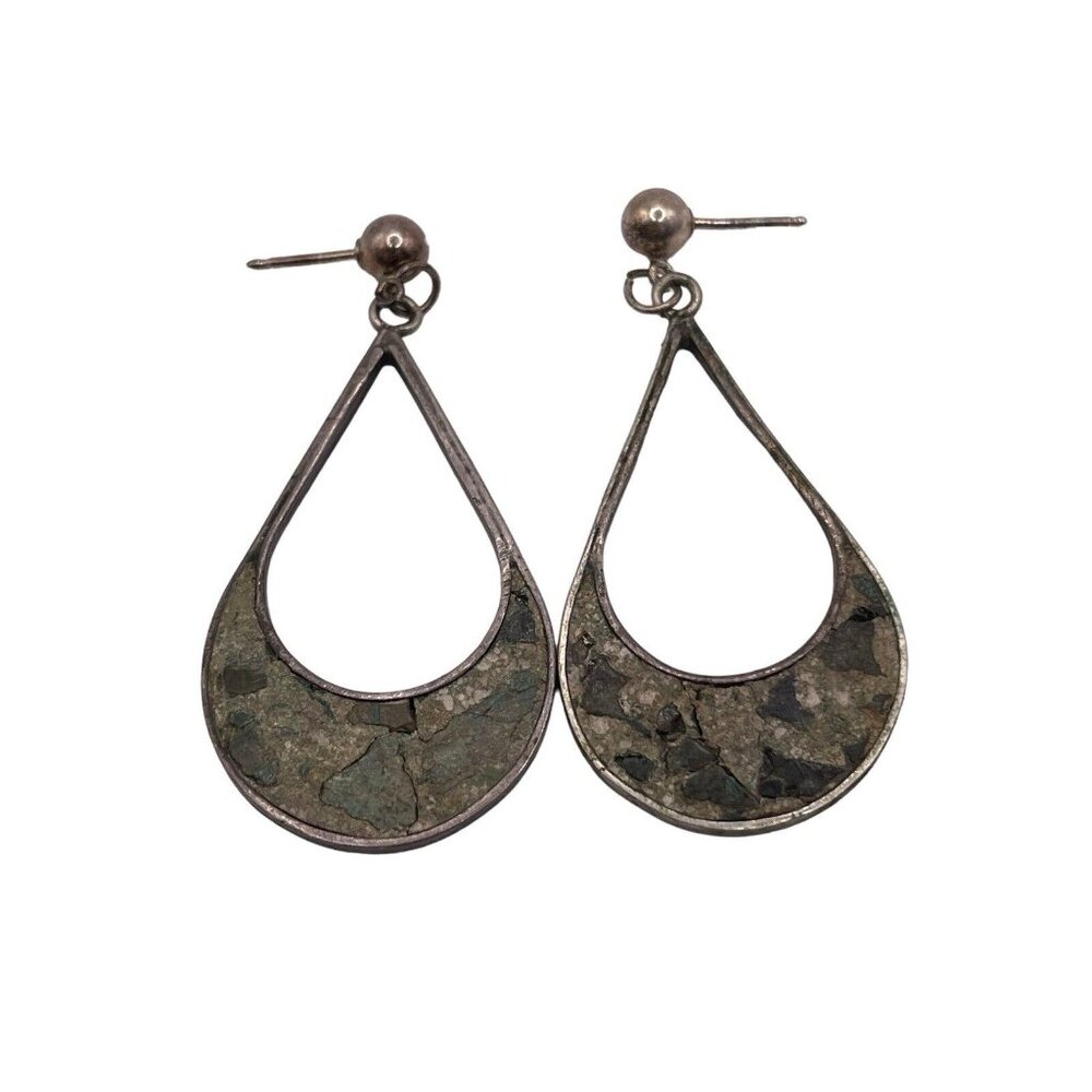 Sterling Silver & Crushed Stone Open Tear‎ Drop Dangle Earrings Artisan Vintage
